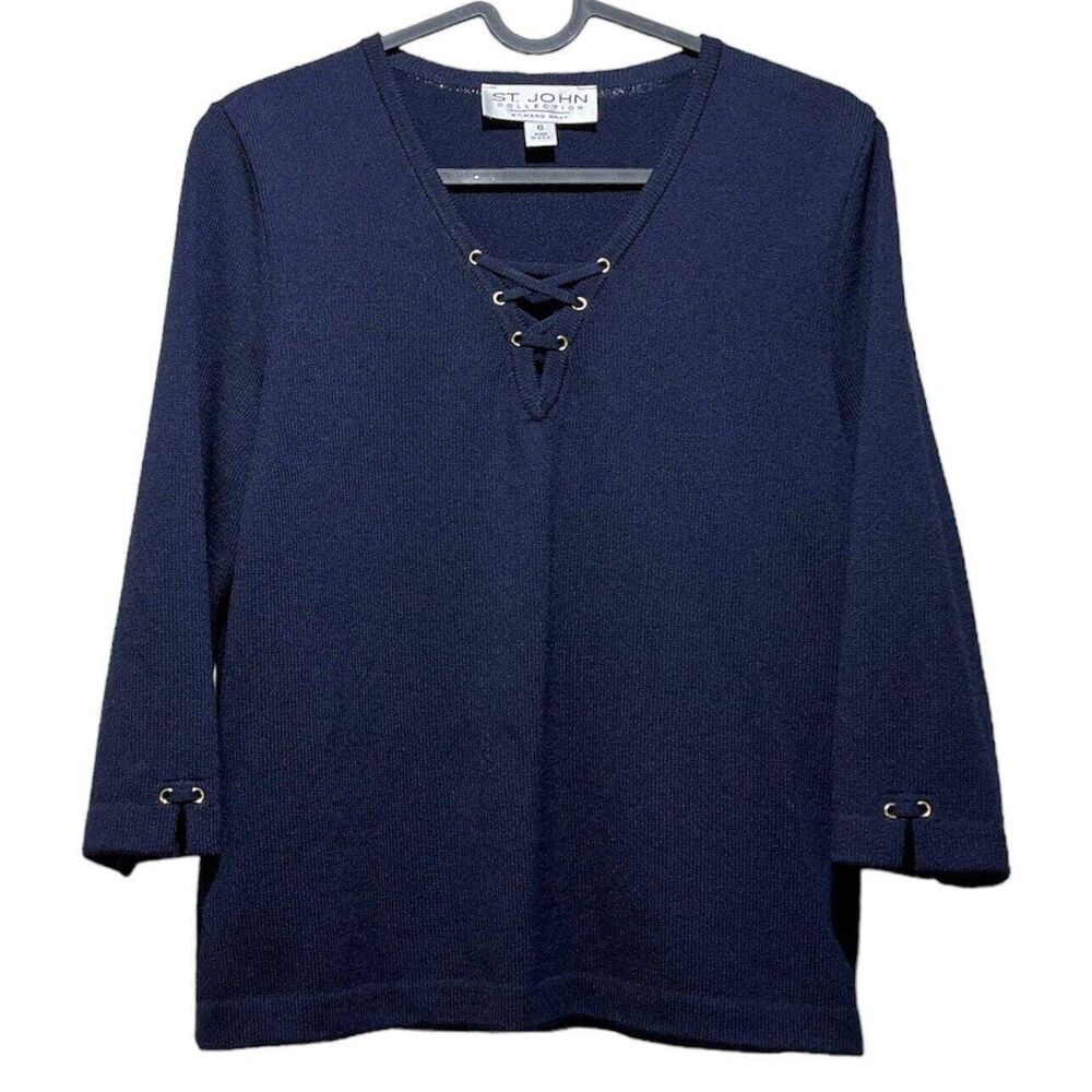 Vintage ST. JOHN by Marie Gray Y2K Lace-up Grommet Knit Navy 3/4Sleeve Sweater 6